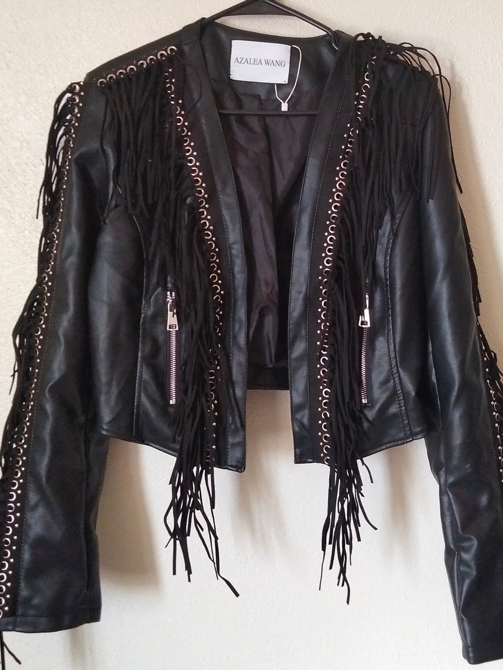 Azalea Wang Black Fringe Faux Leather Jacket with Grommet Trim